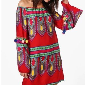BooHoo red Pom dress NWT